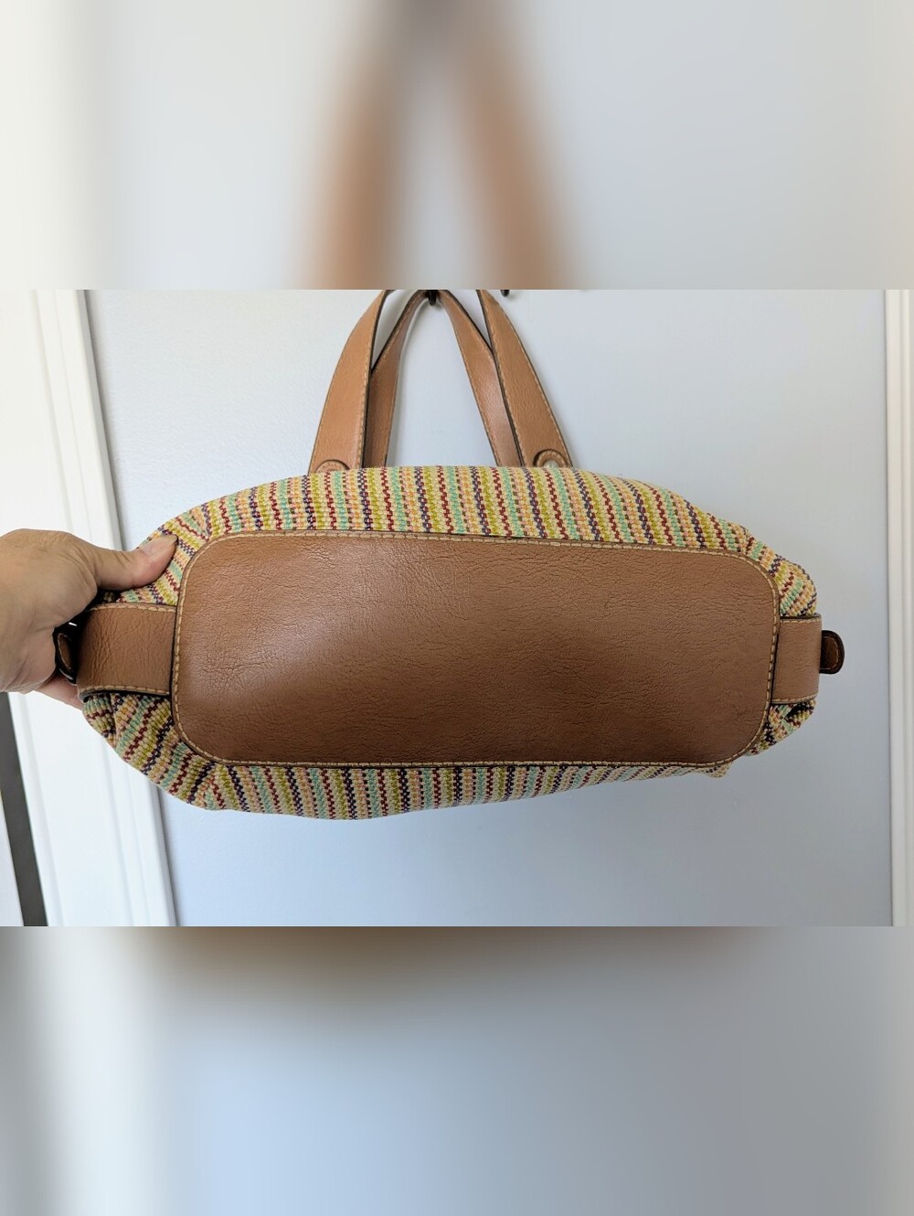 Woven Multi-Color Stripe Shoulder Bag with Tan Trim - Picture 5 of 8